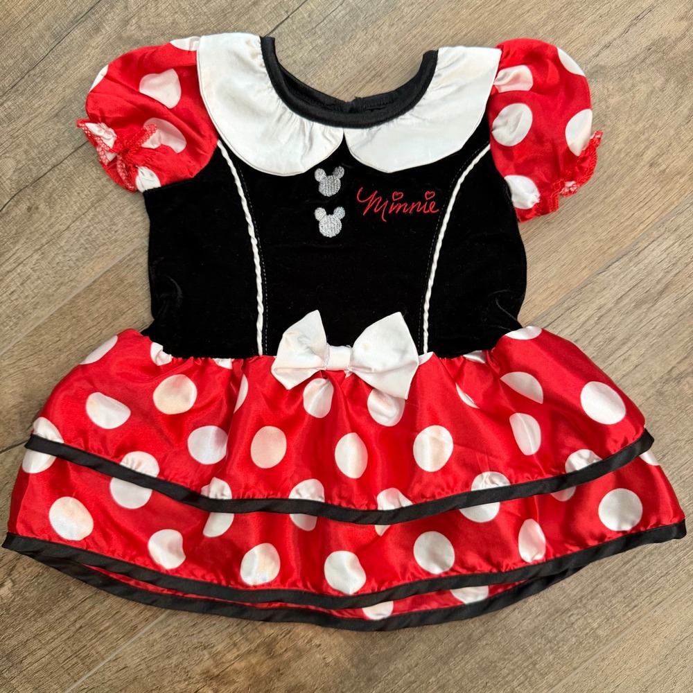 Disney Baby Minnie Mouse Polka Dot Velvet Costume Dress Red Black 0-6M Halloween